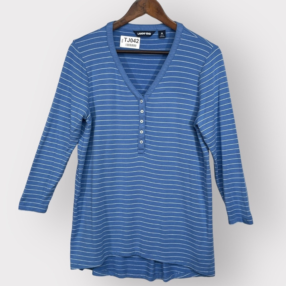 Lands End Henley Top Womens M Blue Striped V-Neck Long Sleeve Curved Hem Exc
